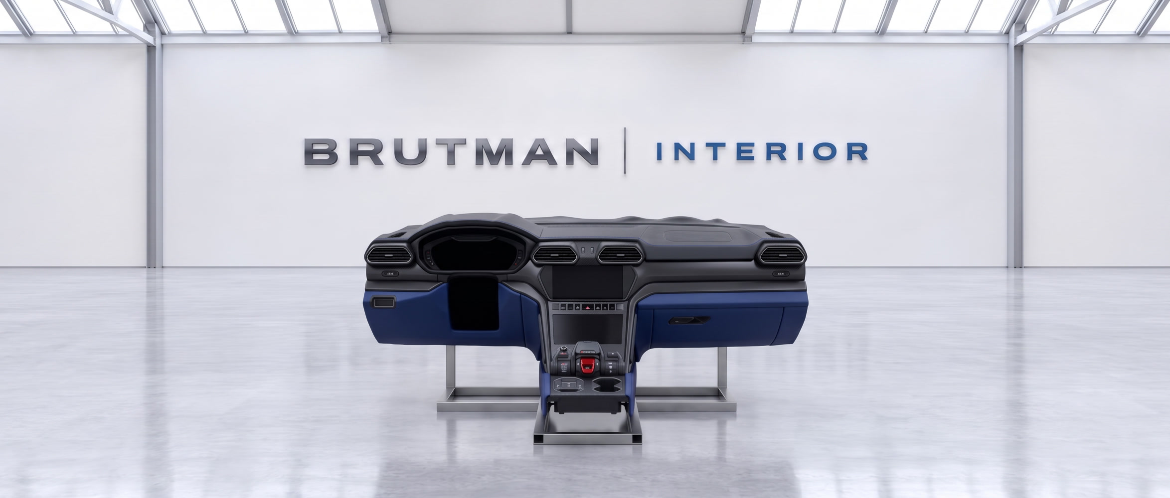 A two-tone dashboard in black and blue leather on a stand in the BRUTMAN Interior hall