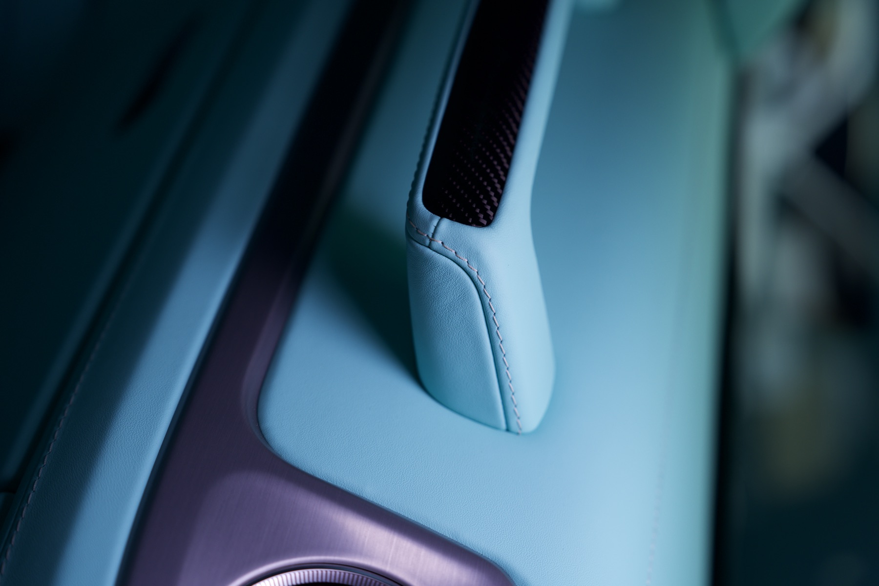 A Tiffany blue door armrest with carbon trim