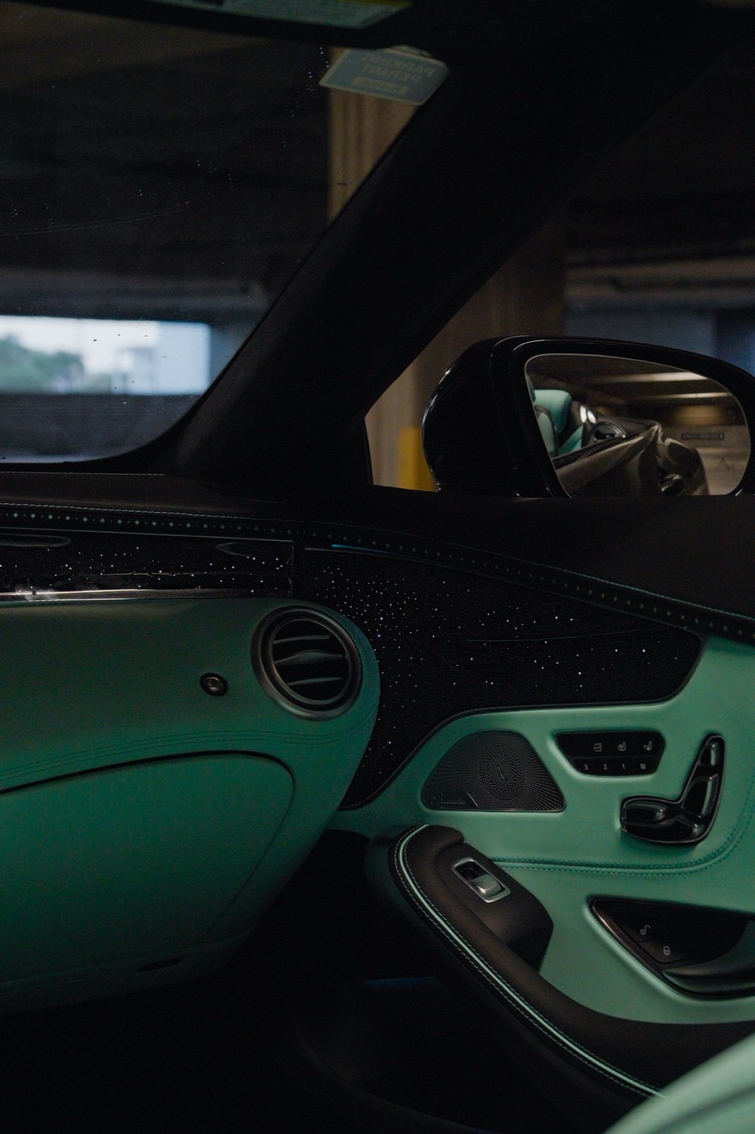 Mint and black: A mint and black door panel.